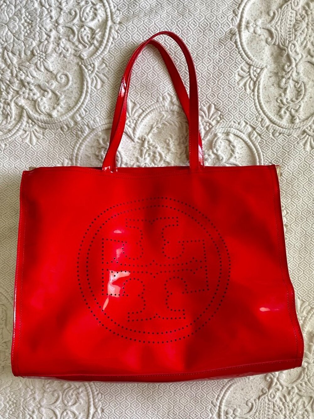 Tory Burch Ella Red Patent Leather Canvas Monogram Large Bag Tote Gold - Picture 16 of 16